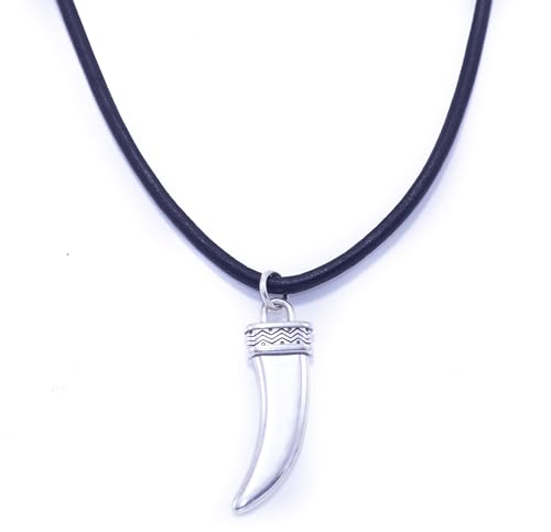 NILUXE DESIGN -Colgante Hombre Plata Colmillo Diente de Lobo- Colgante de Cuero Autentico y Zamak Bañado en Plata - Gargantilla con Cierre de Acero y Altura Ajustable -Ideal para Regalar