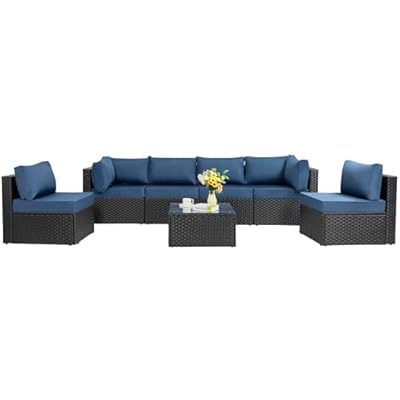 Shintenchi 7 Pieces Outdoor Patio Sectional Sofa Couch, Black Wicker Furniture Conversation Sets with Washable Cushions & Glass Coffee Table for Garden, Poolside, Backyard (Aegean Blue)