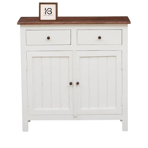 Image of Solid Wood Sideboard Cabinet with 2 Drawers | Tubaq Scratch-Resistant Top | White Distressed Edge | Storage for Living Room & Dining