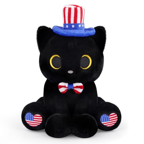 Image of Black Cat Plush with Patriotic Bow Hat for Kids | Cat Stuffed Animal Red White and Blue Plushies, Kawaii Birthday Gift Decorations, 8inch
