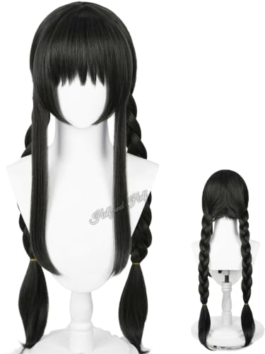 Image of Half and Half Homura Akemi Cosplay Wig Long Black Gray Braided Anime Wig with Bangs 35.4'' Black Pigtails Wigs for Women Halloween Party Daily