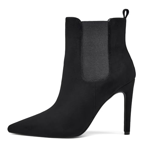 Zhabtuc Bottines Noires pour Femme en Cuir, Talon Haut 10 cm, Bout Pointu, Design Confortable et Polyvalent pour un Usage Quotidien, Daim noir, 39 EU