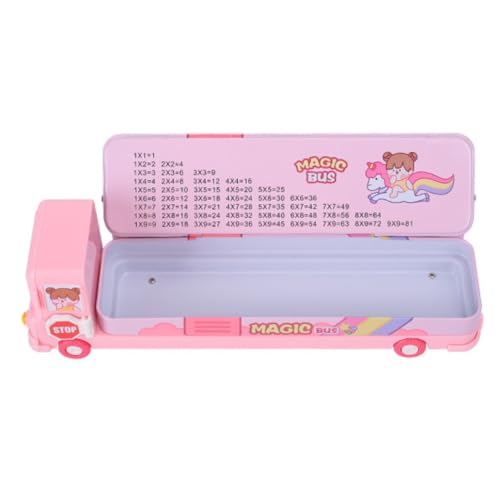 Image of Storio Bus Shape Pencil Box School Bus Metal Geometry Box for Kids Magic Bus with Moving Tyres with 3 Compartments Moving Tyre's & Sharpener Geometry Case for Boys & Girls - Unicorn, Multicolor