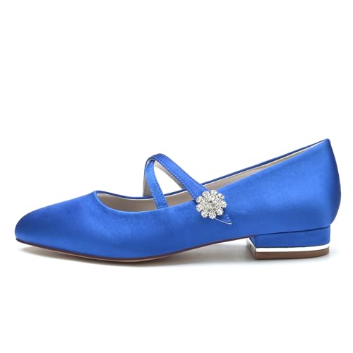Women Satin Cross Ankle Strap Ballet Flat Closed Toe with Rhinestone Bridal Shoes Slip-On Low Heel Dress Shoes2