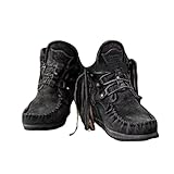 Women's Vintage Cowboy Fringed Ankle Boots,Lightweight Comfy Suede High Top Round Toe Hippie Moccasin Short Booties (8.5,Black,8.5)