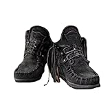 MOYOWEI Women's Vintage Cowboy Fringed Ankle Boots,Lightweight Comfy Suede High Top Round Toe Hippie Moccasin Short Booties (7,Black,7)