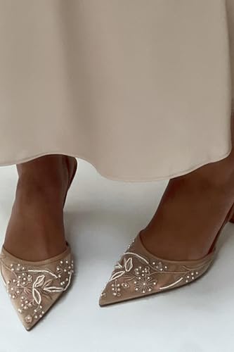 Women's Embroidered Mesh Slingback Heels for Women White Pearl Kitten Heel Pumps Pointed Toe Wedding Shoes White Slingback Heels3