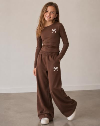 Image of Tween Girls Clothes Long Sleeve Bow Knot Print Top + Wide Leg Pants 2 Piece Outfit Set, Size 7-16 Years