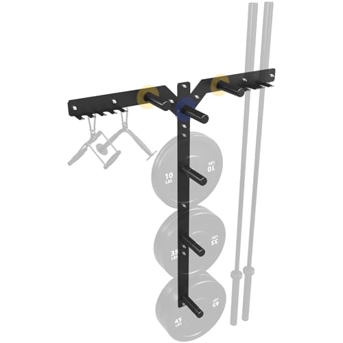 Mikolo Wall Mount Weight Plate & Barbell Storage Rack - 6-Peg Heavy Duty Gym Organizer Holds 1 and 2 Plates Attachments (1200LBS Capacity) - Space Saving Home Gym Equipment