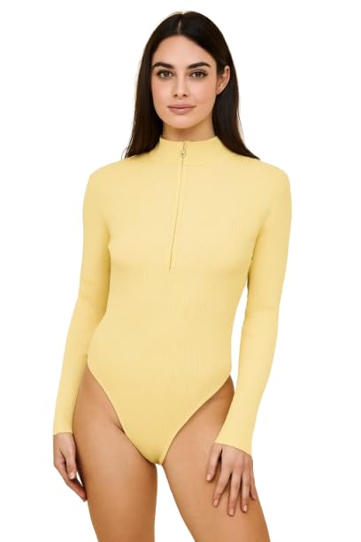 Women's Yellow Ribbed Cotton Bodysuit | High Neck Zip Closure | Full Sleeve Stretchable Fit