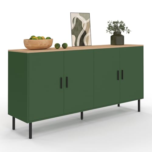 IDMarket KELIA - Aparador de 160 cm, 4 puertas, color verde caqui y bandeja de madera