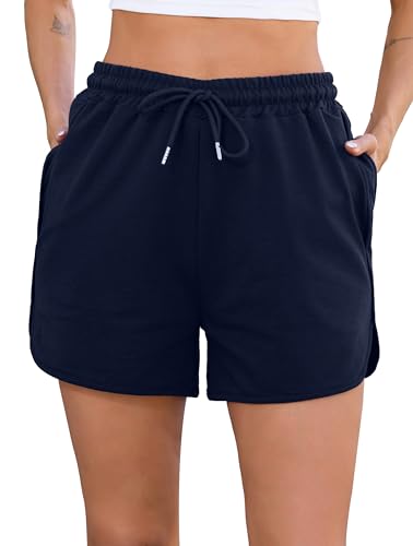 Vlazom Women's Activewear Shorts Soft Cotton Summer Shorts Sports Short Trousers with Drawstring Pockets for Gym Workout Lounge Casual Navy Blue,XL