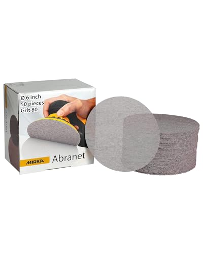 Mirka Abranet Mesh Sandpaper Discs, 6-inch, Grit 80 Hook and Loop Net Sanding Pads for Dust-Free Sanding, Suitable and Efficient for Wood, Metal, Plastic, Lacquer, and More, 50pcs for Orbital Sanders