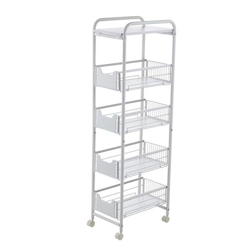 Carrito de almacenamiento delgado con ruedas de 5 niveles, carrito utilitario que ahorra espacio para cocina y baño, estante blanco con ruedas para espacios pequeños