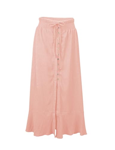 Image of Minclouse Women's Elastic Tie Waist Button Down Maxi Skirts Casual Loose Flowy Swing Slit Front Dress