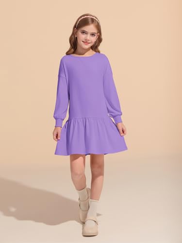 Haloumoning Girls Long Sleeve Dresses Sweatshirt Dress Kids Casual Crewneck Rib Knit Mini Dress 5-14 Years2