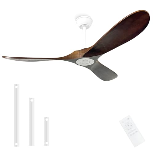 Image of 52'' Outdoor Ceiling Fan No Light,6 Speeds Adjustable with Large Airflow,Quiet Operation,Wood Propeller Ceiling Fan for Garage,Gazebo,Living Room,Bedroom(White+Dark Walnut)