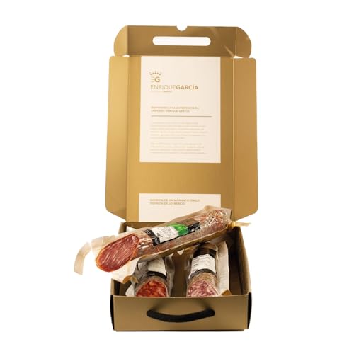 ENRIQUE GARCÍA - Surtido Embutido Ibérico, Caja Regalo con Medio Chorizo y Salchichón Extra, Medio Lomo de Cebo de Campo 75% Ibérico 650 g Aprox Cada Uno