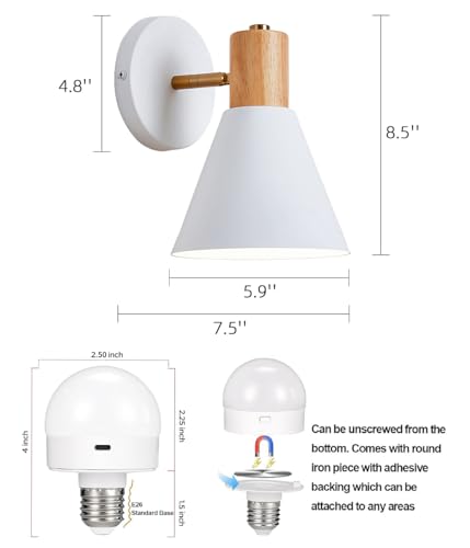 Image of Battery Operated Wall Sconces Lighting Set of 2, Adjustable Wireless Wall Lamp, Cordless Wall Lighting with Remote and Dimmable Rechargeable Bulbs for Bedroom Living Room (White)