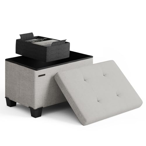 Storage Ottoman Cube with Small Bin, 16-in Square Ottoman with Storage for Living Room and Bedroom, Small Ottomans Foot Rest, Fabric Foot Stools Ottomans Max 330lbs, Light Grey