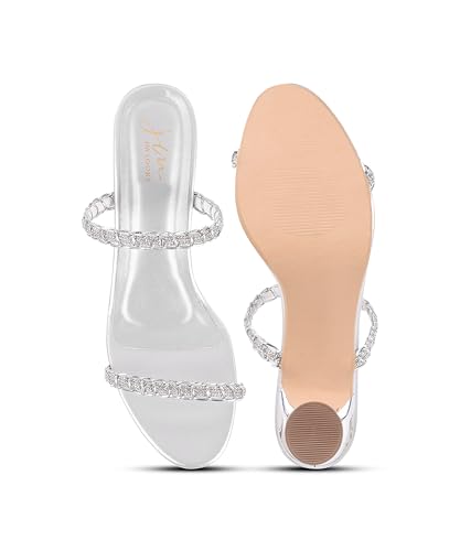 Image of JM LOOKS Women's Kitten Heels Sandals Rhinestone Open Round Toe Slip On with Two Strappy Strap Dressy Sparkly Heel Bridal Shoes Wedding Party Heel