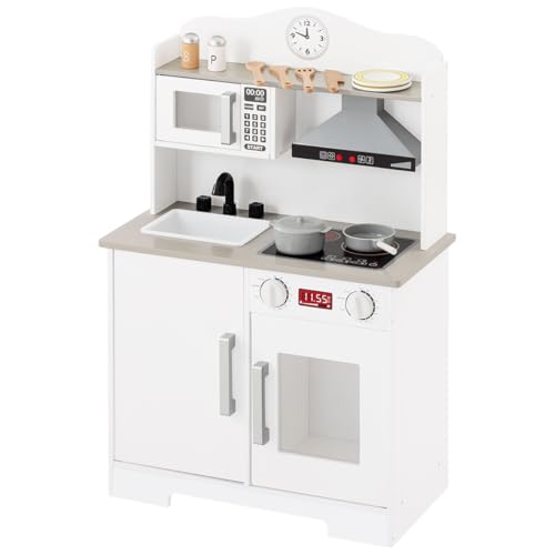 ぼん家具 おままごと キッチン 木製 音が出る 光る 調理器具 小物 10点セット 流し台 電子レンジ オーブン コンロ 扉付き収納 子供用キッチン 知育玩具 プレゼント ホワイト