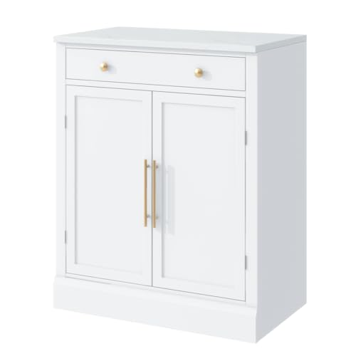 Image of Modern Freestanding Kitchen Pantry,Buffet Food Storage, Coffee Bar Cabinet with Drawer, 2 Adjustable Shelves and 2 Door Shelves for Dining, Kitchen, White (White + MDF + Farmhouse)