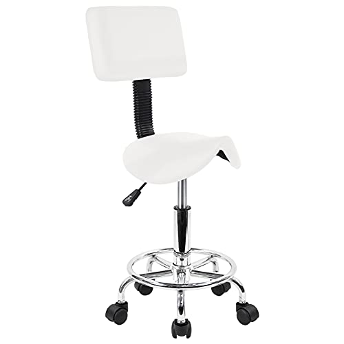 KKTONER PU Leather Saddle Stool with Back Support (White)