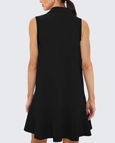 Image of YEXPINE Women's Sleeveless Polo Dress Ruffle Hem Lapel V Neck T-Shirt Summer Mini Dresses
