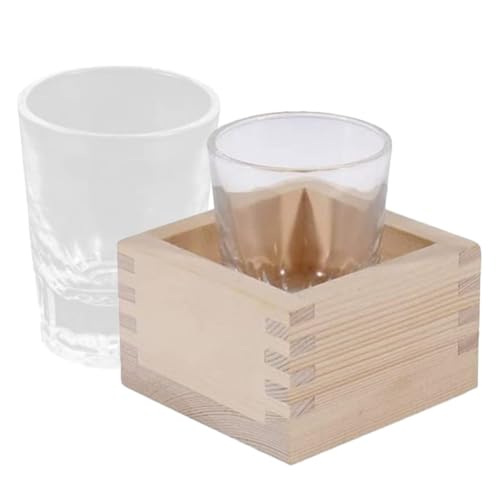 lurrose 日式木製酒器 酒カップ ガラス製透明盃 ウッドボックス付き 和風おちょこ 家用酒器 食洗機対応