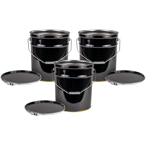 ATERET 5 Gallon Black Metal Bucket & Lever Lock Pail Lid - 3 Pack - Heavy Duty Durable Pails and Lids for Outdoor and Household Use Cover
