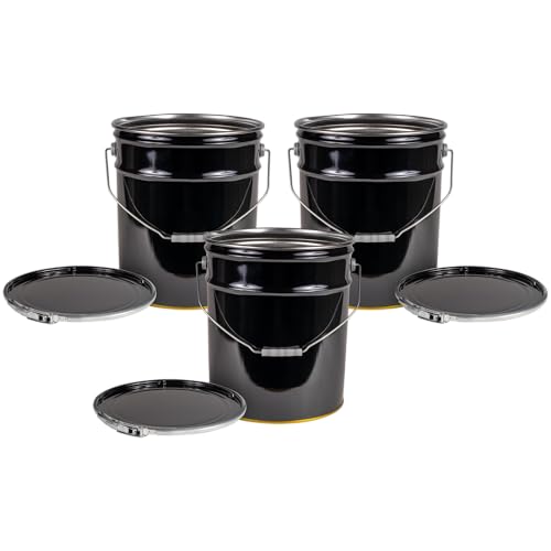 ATERET 5 Gallon Black Metal Bucket & Lever Lock Pail Lid - 3 Pack - Heavy Duty Durable Pails and Lids for Outdoor and Household Use