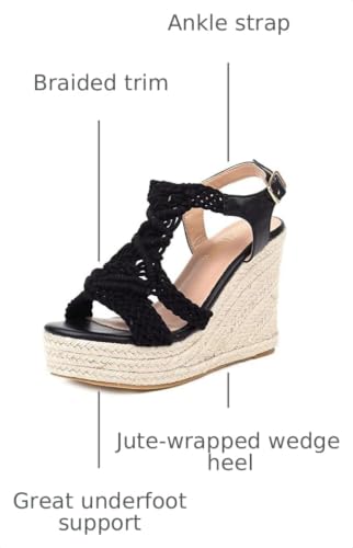 Image of Women's Woven Espadrille Wedge Sandals Bohemian Braided Open Toe Summer Shoes with Adjustable Strap 3.9 inch Platform Heel for Wide Feet, Comfortable Walking