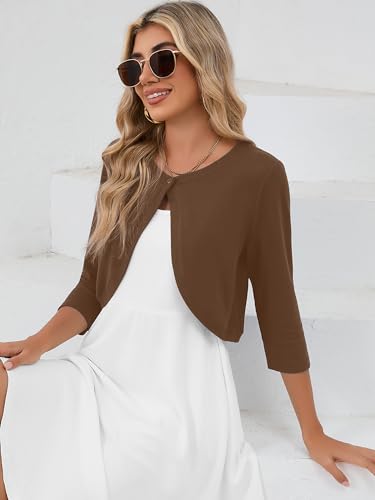 Image of Heymoments Women's 3 /4 Sleeve Casual Shrugs Lightweight Open Front Cropped Cardigan for Dresses