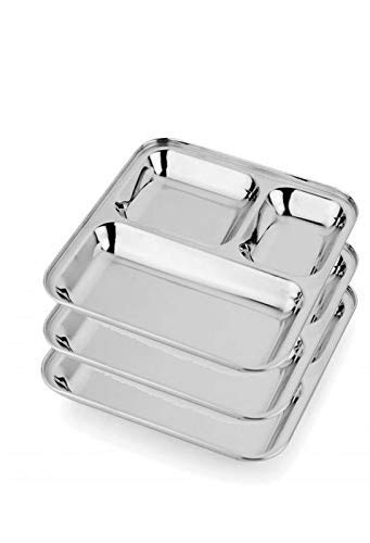 Piatto In Acciaio Inox 3 Scomparti Kanshita's Rasoiware: Thali Indiano 25,4 Cm, Diviso Per Pranzo/Cena, Antiruggine, Lavabile In Lavastoviglie - Confezione Da 1 - 6