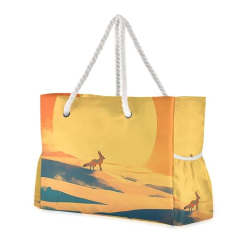 Sunset and Fox Beach Tote Bag - Waterproof Travel Bag with PVC Compartment, Oversized Pool Tote for Vacation Essentials, Vintage Nylon Beach Accessory for Multipurpose Storage