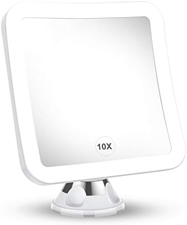 Upgraded 10x Magnifying Lighted Makeup Mirror with Natural White LED Lights, 360°Swivel Portable Cordless Makeup Mirrors with Locking Suction Base for Home Bathroom Shower and Travel