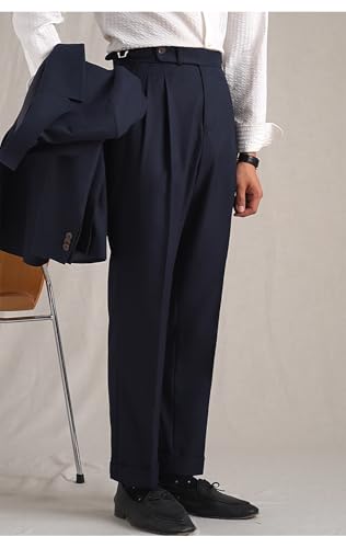 Men's High Waisted Pleated Dress Pants Adjustable Waistband Trousers Cuffed Hem Casual Chino Classic Fit Pant2