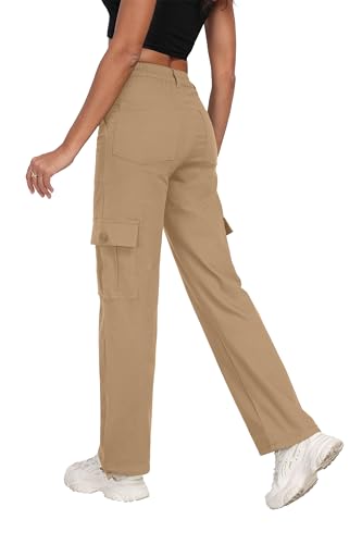 FREEOAK High-Waist Stretch Cargo Pants for Women Y2K Baggy Style with Zipper Pockets Straight Leg Trousers for Casual Wear Size Medium A - Khaki — view 3