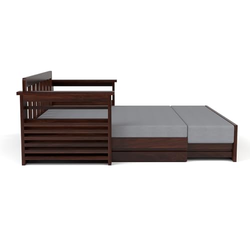 Image of Mamta Furniture Sheesham Wood Sofa Cum Bed with Storage Handcrafted Ceramic Tile Design Wooden Sofa Set for Living Room Bedroom 3 Seater Convertible Sofa Bed in Walnut Finish