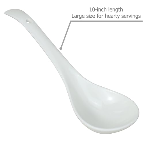 EIKS Large Ceramic Soup Ladles Spoon, 10 inch Long and Bright White, Working for Serving Cooking Stirring Scooping in Home Kitchen Restaurant Cookware
