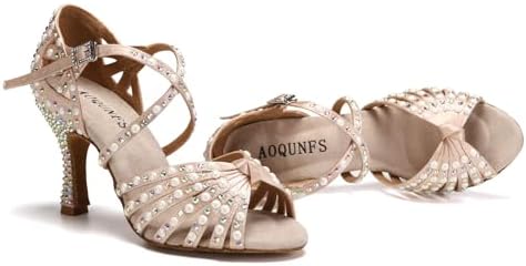 AOQUNFS Women's Ballroom Dance Shoes Rhinestone Latin Salsa Performance Dance Heels,L429,Beige-7.5,US 9.5 | Image 3