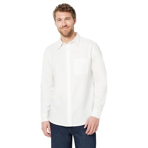 Amazon Essentials Men's Regular-Fit Long Sleeve Linen Blend Shirt, White, Large