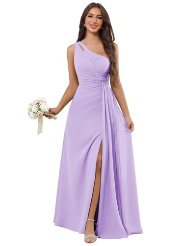 One Shoulder Bridesmaid Dress Twisted Top A Line Corset Back Chiffon Formal Dresses with Draping for Women