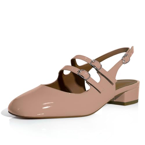 Image of anteikira Women's Round Toe Slingback Flats Closed Toe Double Strap Mary Jane Flats for Women 1 Inch Heel Dress Shoes Low Heel Causal Work Office Pumps for Women Size 5.5-12US