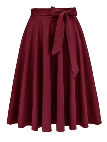 Fynadressr Burgundy Womens Midi Skirts 50s Retro Swing Vintage Casual High Waisted A-Line Skirt with Pockets Adjustable Tie Belt Bow Belt for Daily Party Burgundy M