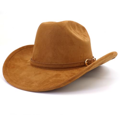 Image of Cowboy Hat Cowgirl Hat Men's & Women's Wide Brim Felt Fedora Hat with Buckle Belt Western Cowboy Hat for Women