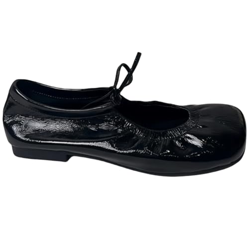 Retro Soft-surfaced Wide Toe Box Square-Toe Ballet Flats for Women Lace-up Patent Leather Casual Shoes New 2025