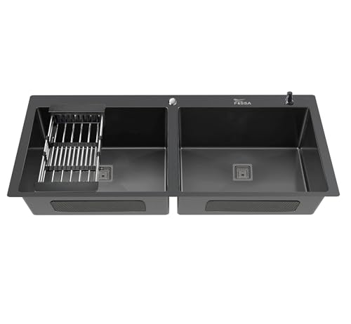 Image of Fossa 45 inchx20 inchx10 inch Inch 5-Year Warranty Premium Stainless Steel Double Bowl Kitchen Sink with Tap Hole, Drain Basket, Soap Dispenser & Drain | Home Kitchen Black (Matte Finish)