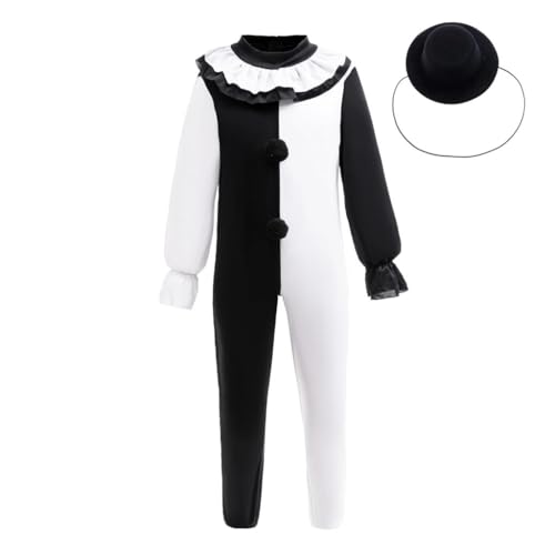 Disfraz Completo de Payaso Pierrot Blanco y Negro para Niños 8-10